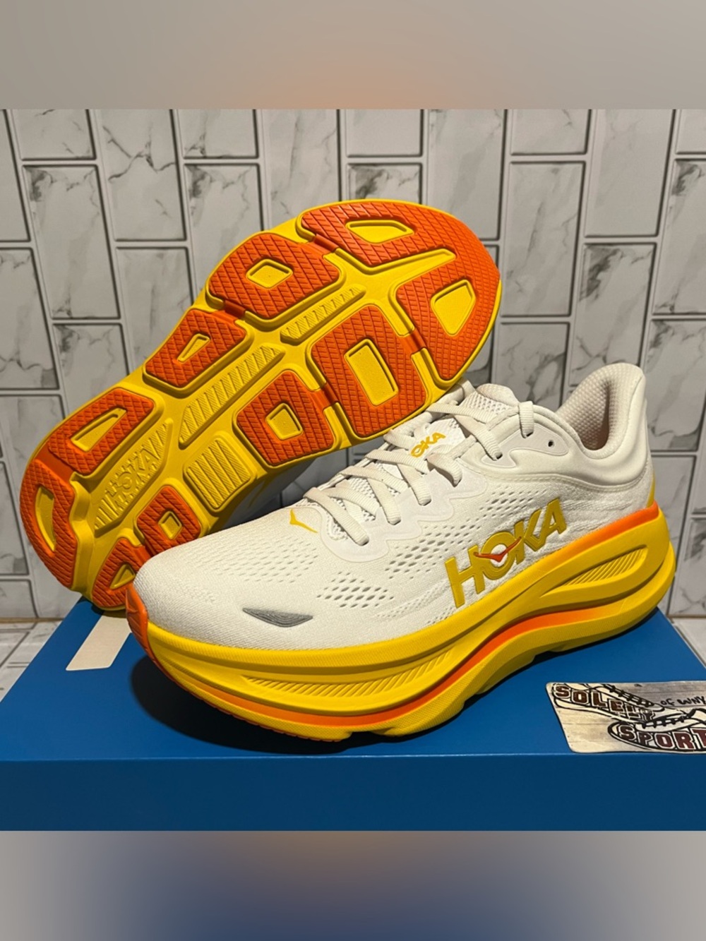 New Hoka One One Bondi 9 Running Shoes White Yellow Orange Training Gym Mens